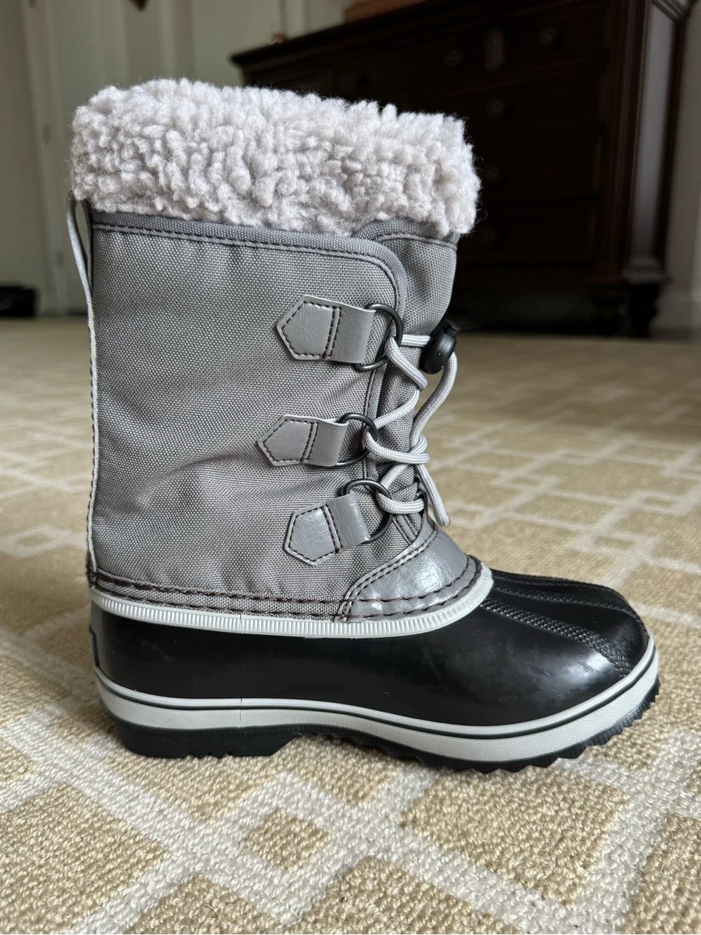Sorel Yoot Pac Nylon Waterproof Snow Boots Quarry Dove Gray Black Kids Size 1
